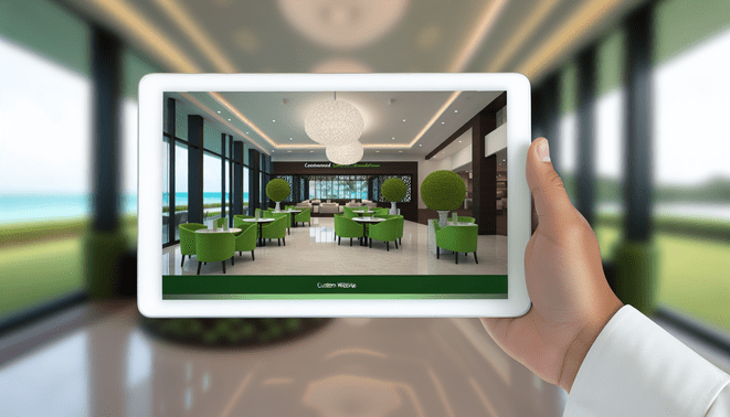 alt_text: Elegant hotel lobby with a tablet showing a custom website, green accents, and resort views.