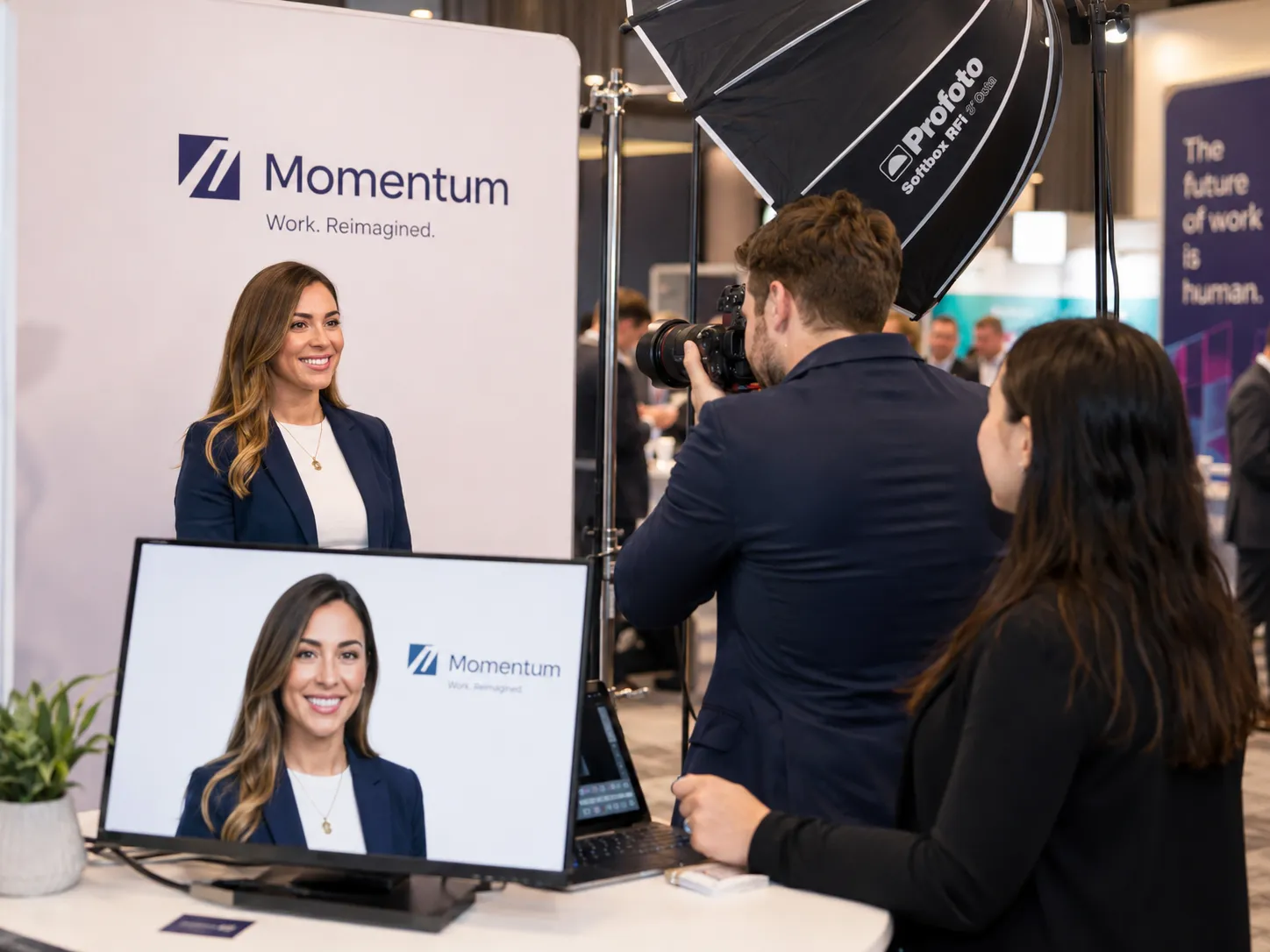 Attendee getting a professional headshot at a corporate event lounge