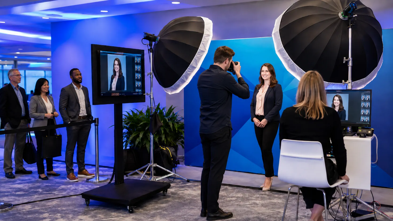 Corporate event headshot lounge setup with professional lighting