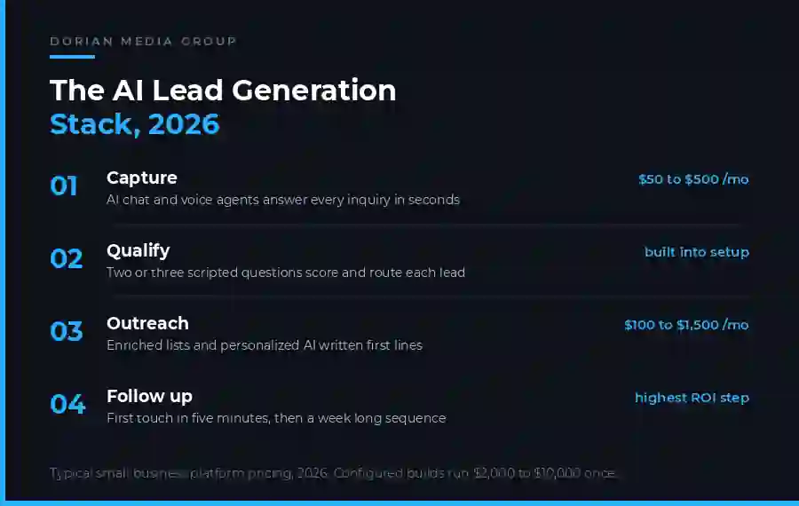 Core stages of AI lead generation, capture with AI chat and voice agents, qualify with scoring and routing, outreach with enriched lists and AI written email, and follow up automation with typical small business costs