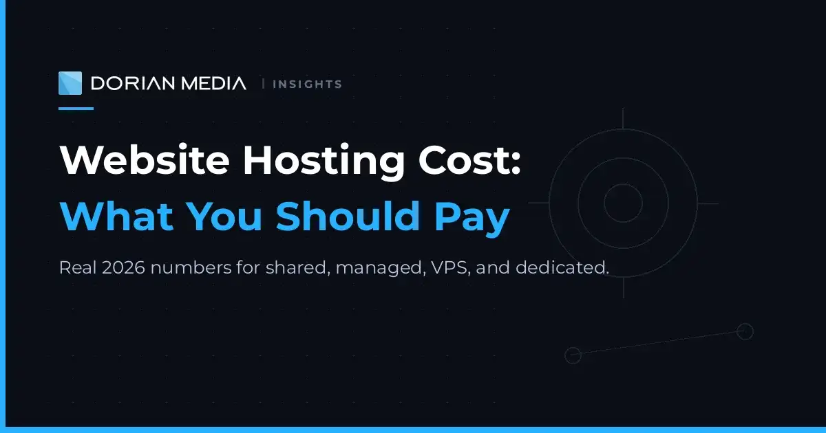 Website hosting cost 2026 guide featured image with Dorian Media logo