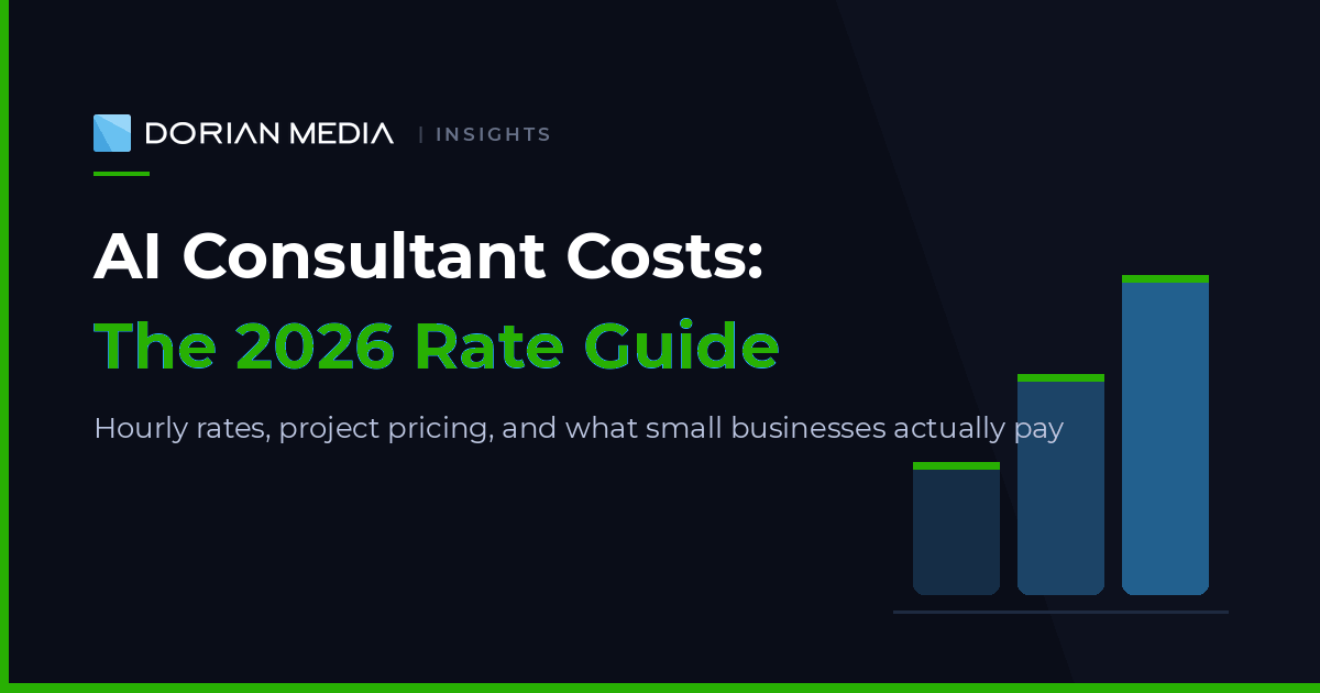 AI Consultant Costs: The 2026 Rate Guide - Dorian Media Insights featured image with ascending pricing tier chart