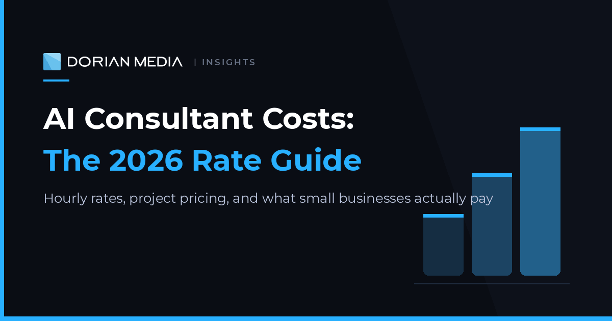 AI Consultant Costs: The 2026 Rate Guide - Dorian Media Insights featured image with ascending pricing tier chart