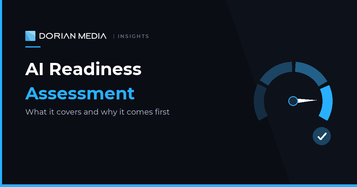 AI readiness assessment featured image with readiness gauge, Dorian Media Insights