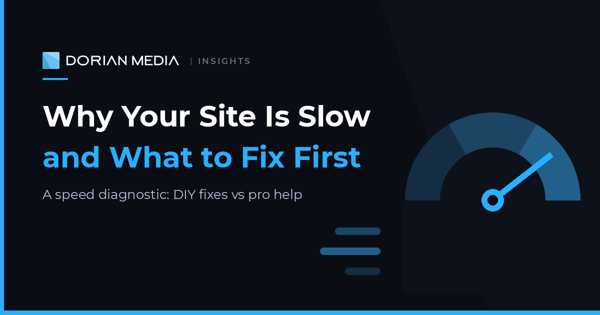 Website speed optimization diagnostic gauge, Dorian Media Group insights
